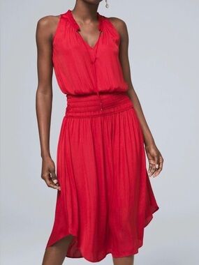 White House Black Market Vibrant Red Smocked-Waist Midi Dress